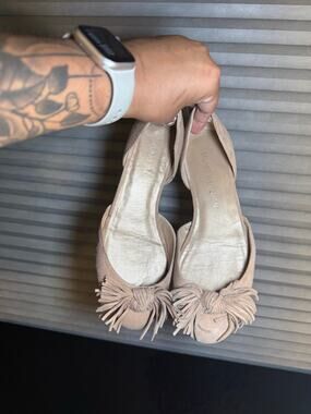 Stuart Weitzman Taupe Suede Fringe Knot D’Orsay Ballet Flats Women’s 7.5 M